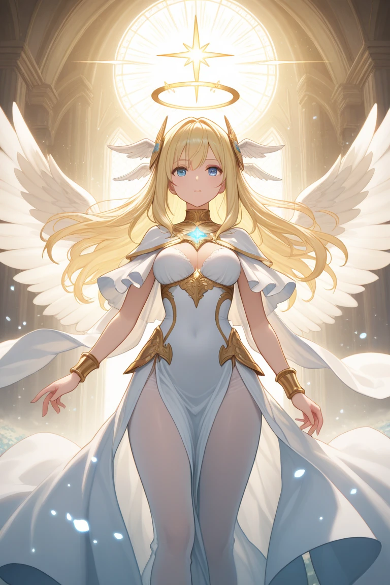 gorgeous adult woman, long blonde hair, bangs, perfect eyes, soft light, high quality, 4k resolution, ((angel)), An angel with wings on his back, an angel descending from the sky, feathers scattered in the background, light shining from above, at Cathedral