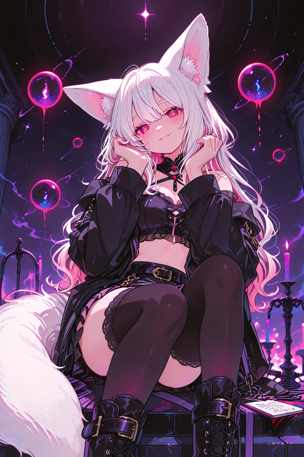 A  girl,((dark blue long hair)), body piercings, pink eyes, Little elven ears, (White Skin Skin), ((see-through top, Underneath the top bra black, tight skirt)), sitting on bedroll