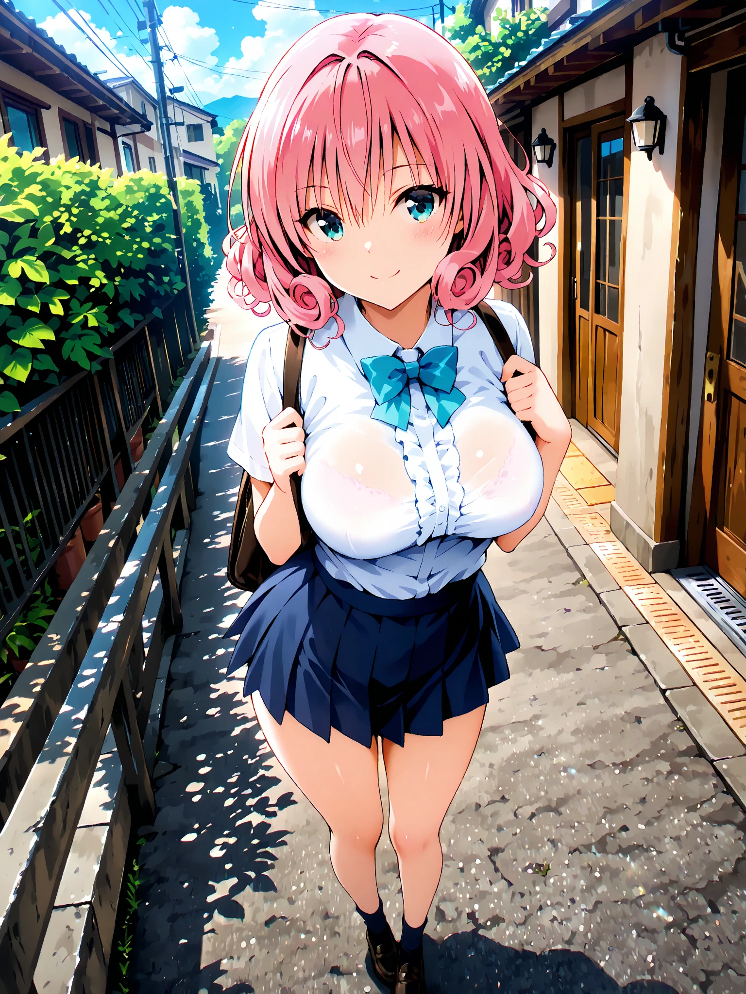(Perfect body),Best Quality,16 K,(((((Lori)))))、(((NSFW)))、(((((blush))))),(:D)、One eye is closed、(V-shaped eyebrows)、embarrassed from,(((Short hair))), (((Orange Eyes))),((((Pink hair)))),(Sweat),((((Wavy Hair)))),Ahoge,hair clips,(white knee-socks),((Big ass)),(((Light blue striped panties)))、(School uniform)、(((Mini skirt)))、(((((Panchira)))))、(((((large full breasts)))))、(((thick thighs)))、((spreading legs))、(((((short in stature)))))、In the street