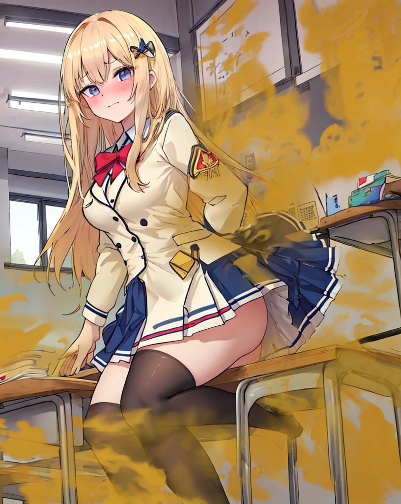 (((Spread your legs、Shooting from below))、(((Accentuate the crotch、Shiny underwear)))、Highest quality, 8k, masterpiece :1.3)), whole body, Sharp focus :One Girl,Glowing Skin,SSexy pose,Highest quality,Tabletop,shape,Very delicate and beautiful,Hmph,8k壁紙,wonderful,In detail,Official Art,Very detailedなティッカーUnity 8k壁紙,Incredibly ridiculous,Large file size,Very detailedな,High resolution,Very detailed,Beautiful detailed girl,Realistic,X-ray,The queue is full,(((Uniform Blazer、mini skirt)))、(((Big Breasts、blonde)))、(((School、classroom、Wearing tights)))、Stand upright、Cleavage , ((Golden Hair))、Uniform Blazer、Sexy pose、Hairstyle: Long hair、both hands、Wearing tights