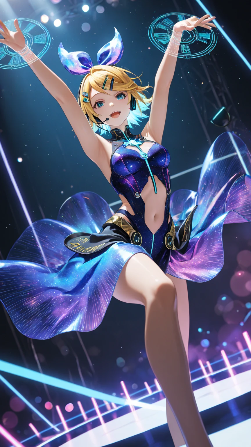 ******For your request to combine a 3D hologram style with the specified details in digital 3D art style, the prompt would be:"A 3D hologram render of a female dancer with striking golden hair, captured in a dynamic, energetic dance pose .This holographic image, while ethereal and translucent, is rich in detail and color. The environment is a 3D beach setting, where the hologram cleverly integrates realistic water reflections, shimmering and sparkling as if they're responding to the dancer's movements. The atmosphere of the scene is lively and vibrant, enhancing the impression of her lively dance moves. This piece is realized using advanced 3D rendering software, allowing for high-resolution textures and detailed lighting settings that highlight the holographic quality of the image. The light plays across the scene, creating a mesmerizing depth and movement, making the dancer and her surroundings appear both surreal and strikingly real,[Subject], rendered in a [Style] style. The color scheme is dominated by [Color Scheme], conveying a [Mood ] mood. In the background, there is [Setting], - aXk1oE7 --auto --s2