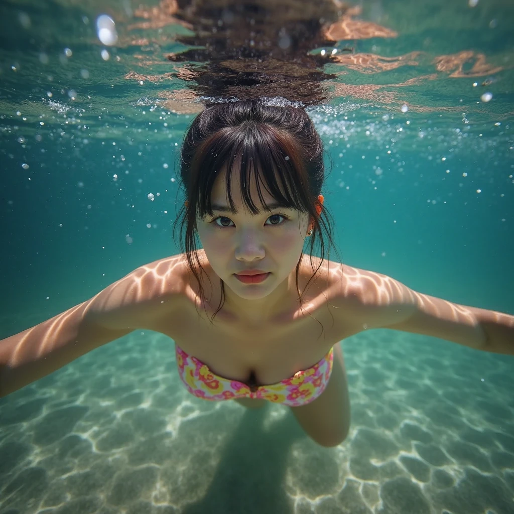 A cute and beautiful Japanese woman in her late twenties with semi-long hair and a voluptuous figure is diving underwater. She is facing the camera with a beaming smile, looking very stylish in a micro bikini. There are many beautiful tropical fish swimming around her.