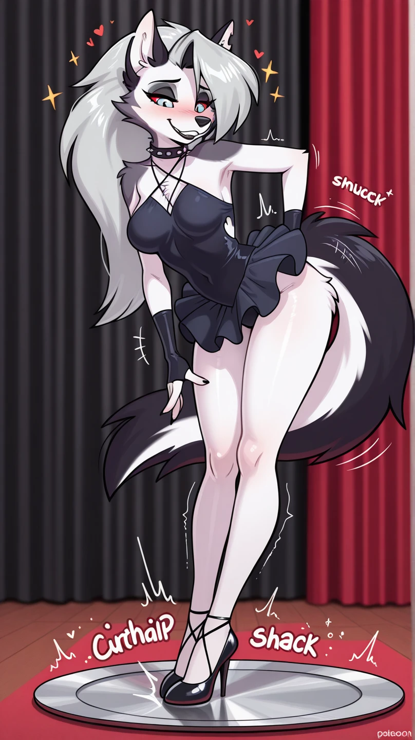 score_9, score_8_up, BREAK, source_anime, uncensored, perfect body, thick thighs, big breasts, bunny suit and fishnet pantyhose, anthro, furry, pose, sexy, Loona, night club, holding onto a stripper pole, rear view