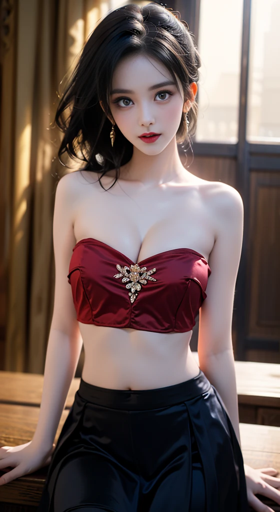 (Best Quality, Masterpiece, Photo realistic, Ultra Detailed, ultra high res, raw:1.perfect body, 1girl, parted lips, red lips, glitter eyeliner:1.4,   bangs, upper body closeup, bedroom, japanese, 20years old, navel, wearing red bra and panty, white skin, cute, messy hair, red choker, ruby necklace, shoulder length luxury earings, looking at the viewer,