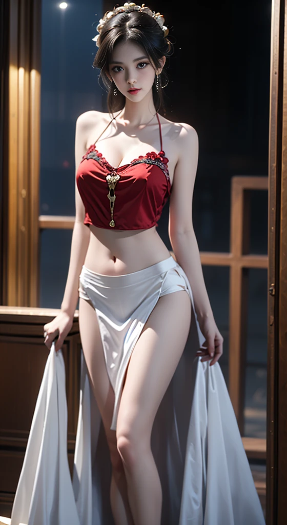 ((top-quality,8K、masterpiece:1.3))、Crisp focus:1.2、Cute woman with perfect body shape:1、Opera Stage、Red Micro Bikini、with spreading legs、Niō Standing