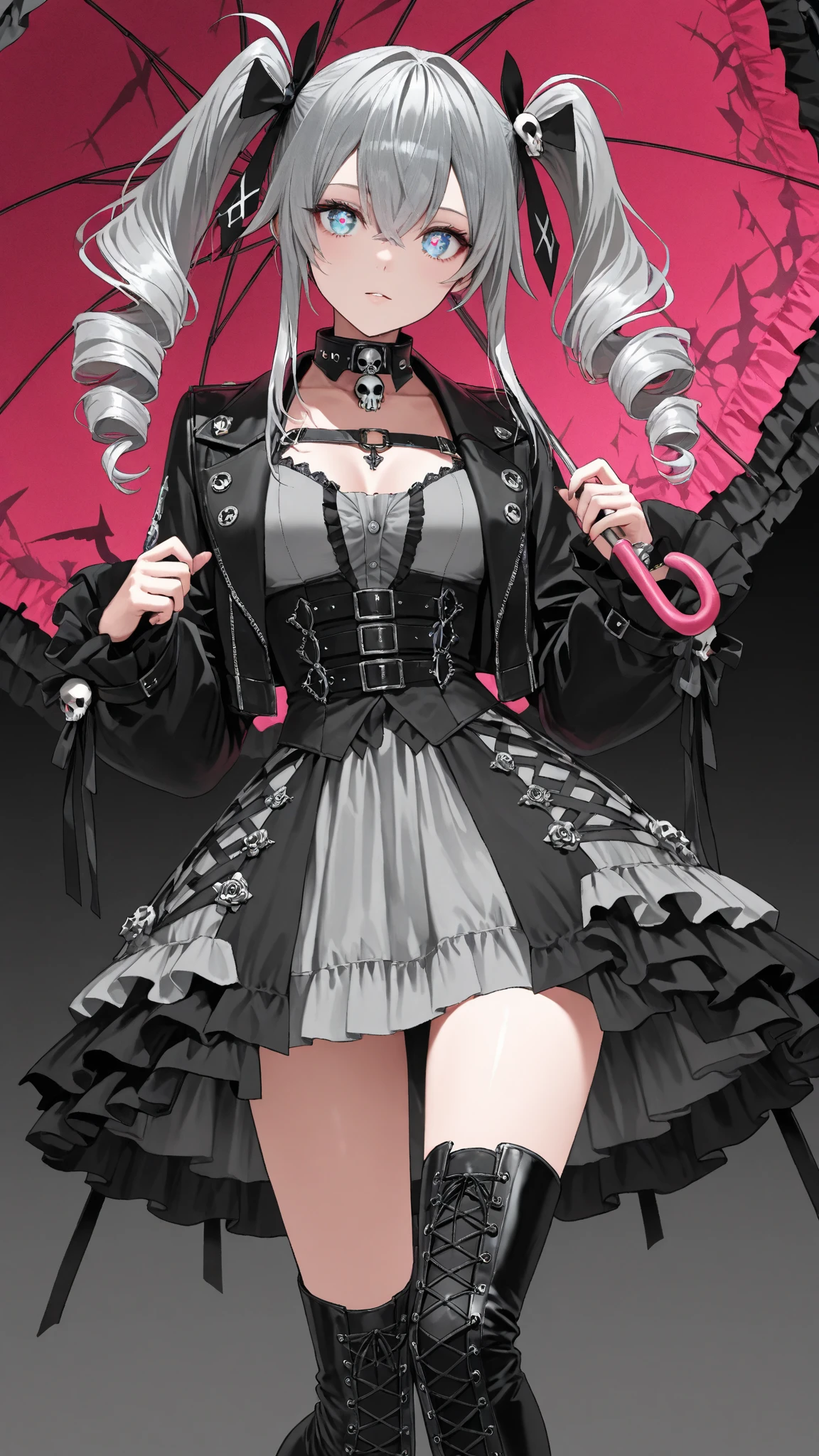 (Photorealistic:1.8, highest quality:1.8,8K masterpiece:1.8,High resolution,Mastepiece:1.8,RAW Photos,Cinematic lighting)、
(Concept Art、Official Art、whole body)、(three views:1.3)、Virtual YouTuber 1 Female、Dark pink hair、Voluminous wavy twin tails、Blunt bangs、Straight bangagenta slanted eyes、tooth、Thick eyebrows、Black nails、((Big Breasts))、Sexy uniform showing the underside of the chest)、(((Underlim and long legs、Black Dress、Bare shoulders、((Lots of earrings))、Long black fingerless gloves、Goth Girl、(Fishnet tights、Gothic print:1.25)Girl dressed in black and white、Goth Girlの服を着た女の子、Big Boots、High heels、Girl wearing black leather garter belt、(Multiple leather straps、Iron chains attached to a ring:1.125)、((Devil's Wings and Devil's Tail))、Simple Background、Highly detailed fine art、(Beautifully detailed eyes and face)、Delicately depict facial features