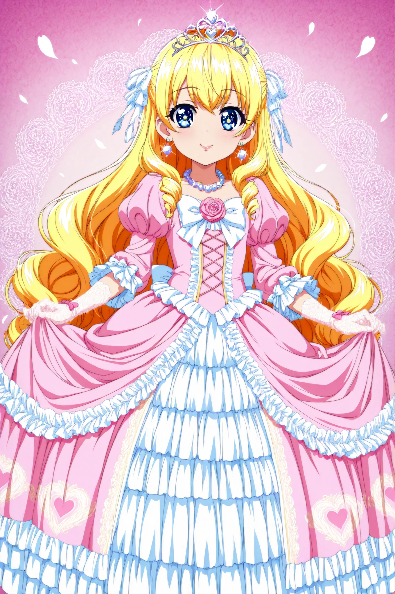 anime style illustrations, Adorable Princess, Little Girl,Short Height,pretty girl character, Character Features:
- Long fluffy golden hair
- Big Eyes,blue eyes
- Long eyelashes, A gentle smile
- Lustrous lips
- small golden crown dress design:
- Pastel Pink Princess Dress,big ballgown dress with hoop skirt,long sleevs,puff sleeves,frilled sleeves,
- heart motif decoration
- Overlapping frills
- pink gradient tulle
- sparkling rhinestones
- white lace trim
- ribbon and pearl decoration
- fluffy puff sleeve accessory:
- pink diamond tiara
- pearl necklace
- crystal earrings
- lace glove background:
- A room in a fantasy palace
- Sparkling light production
- pale pink roses
- soft light
- Magical brilliance
- Fluttering Petals Anime-Style Coloring:
- soft gradient
- Glamorous highlights
- Glitter effects
- gentle line drawing
- Anime-specific shadow expressions in this prompt、combines a dreamy atmosphere like in shoujo manga and、sophisticated designs from modern anime、Aim to be a princess statue that combines cuteness and elegance。