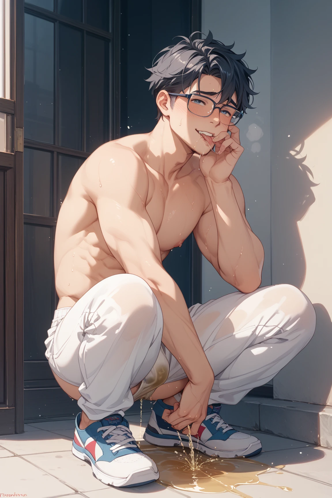 best quality, masterpiece, anime art style, skinny and tall 18 year old boy, freckles, very messy light brown hair, big glasses, shy, wearing baggy light grey sweatpants and oversized white tshirt, hands in pockets, pubic hair, bulge, sexy, gay, homoerotic, perfection, white background, no watermark, no logo, no signature