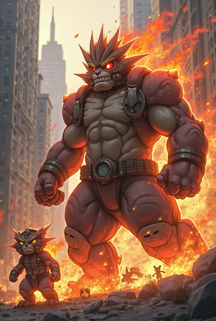 Gorilla orc, gorilla, male, Strong build, brown furry skin, chest hair, black beard, long sharp teeth, large thick lower canine teeth, thick pointed ears, (glowing eyes: 1.2), giant sized, no pants, larger than city, reclining on a battlefield, buckled boots, stepping on building, rampage, impact, his foot is breaking the ground, wearing a rag around waist, looking down, evil smile, thick arms, thick thighs, (large pecs: 1.2), fat pecs, (bara pecs: 1.3), macro, landscape dwarfing, city destruction, building destruction, ruined city, city on fire, city dwarfing, giant bulge in pants, tiny human soldiers