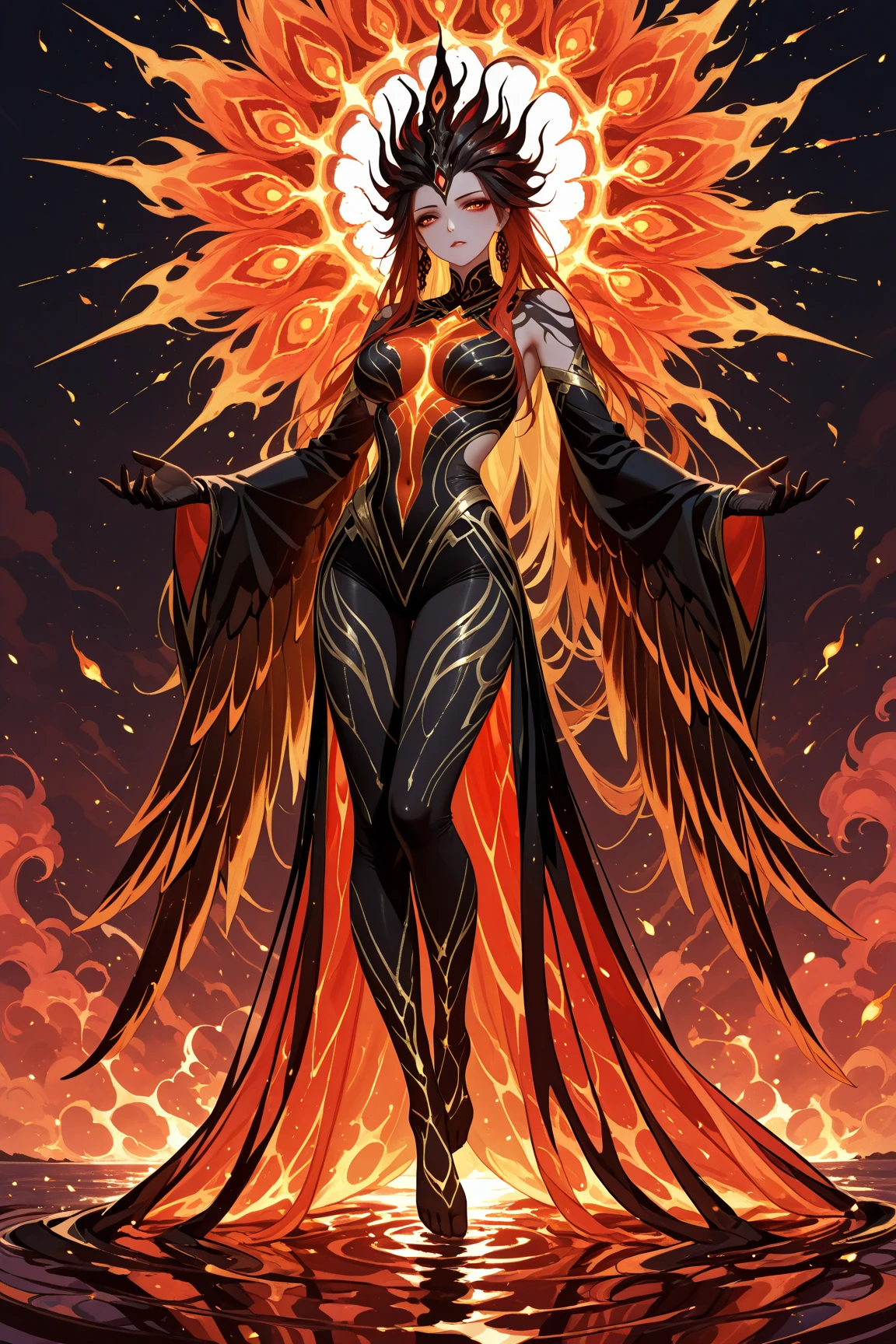 (Golden ratio:1.2),[(Black background:1.4)::10],(Masterpiece), (Best quality), (Ultra detailed),(Disheveled hair),(illustration),1 girl,Solo,full bodyesbian,Mature female,A MILF,Vermilion hair,(extra very long hair:1.4),Smooth dispersion,Orange-yellow eyes,Huge breasts,(Heavy chest:1.3),(Phoenix dress),(The tail hem of the skirt is a burning flame:1.4),Thigh fat,big assa,Wide ass,(The totem of the phoenix is behind:1.3),hyper HD, retinas, Anatomically correct, Textured skin, Super detail, Best quality, A high resolution,（Very detailed CG unity 8K wallpaper