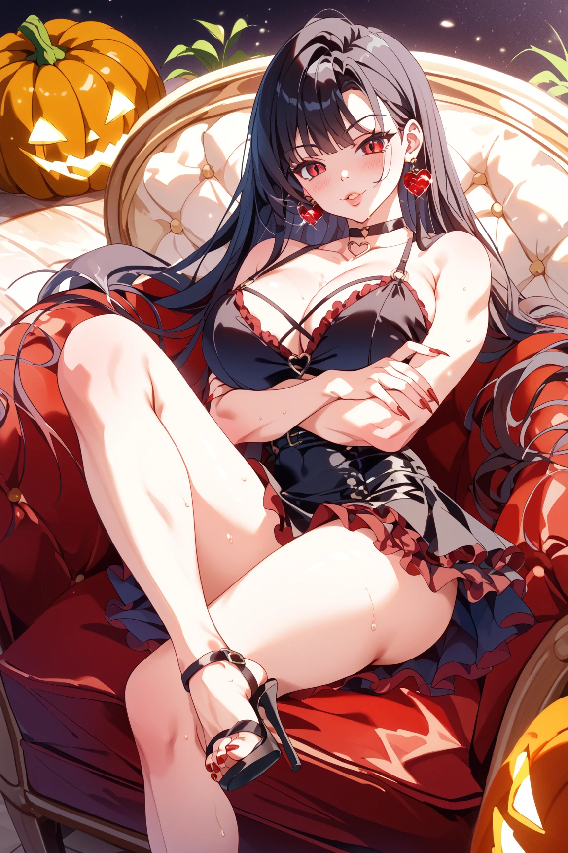 Wavy black hair、red eyes、Beautiful girl alone、a white bikini、Bright red rose garden、 sitting on