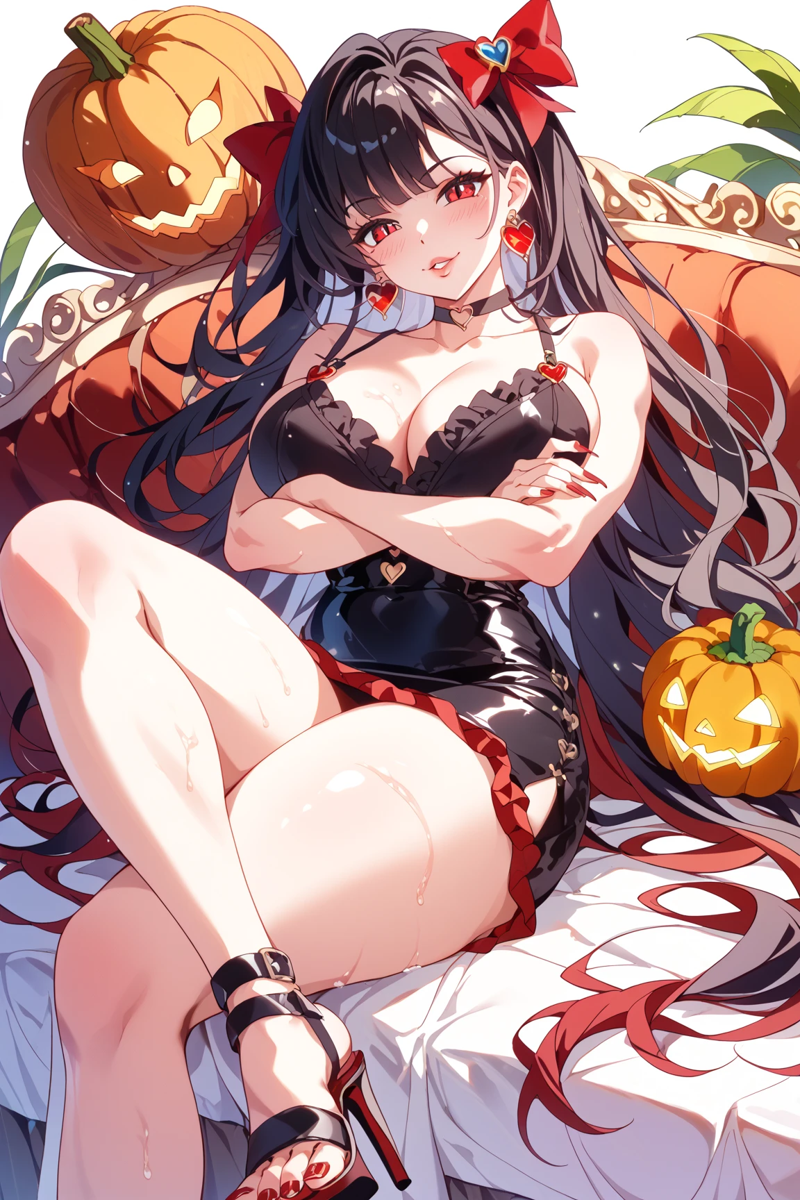 (tmasterpiece,best qualtiy:1.2),oil painted,huge tit,Orange and white lace bra,Sit Pose,opening legs,