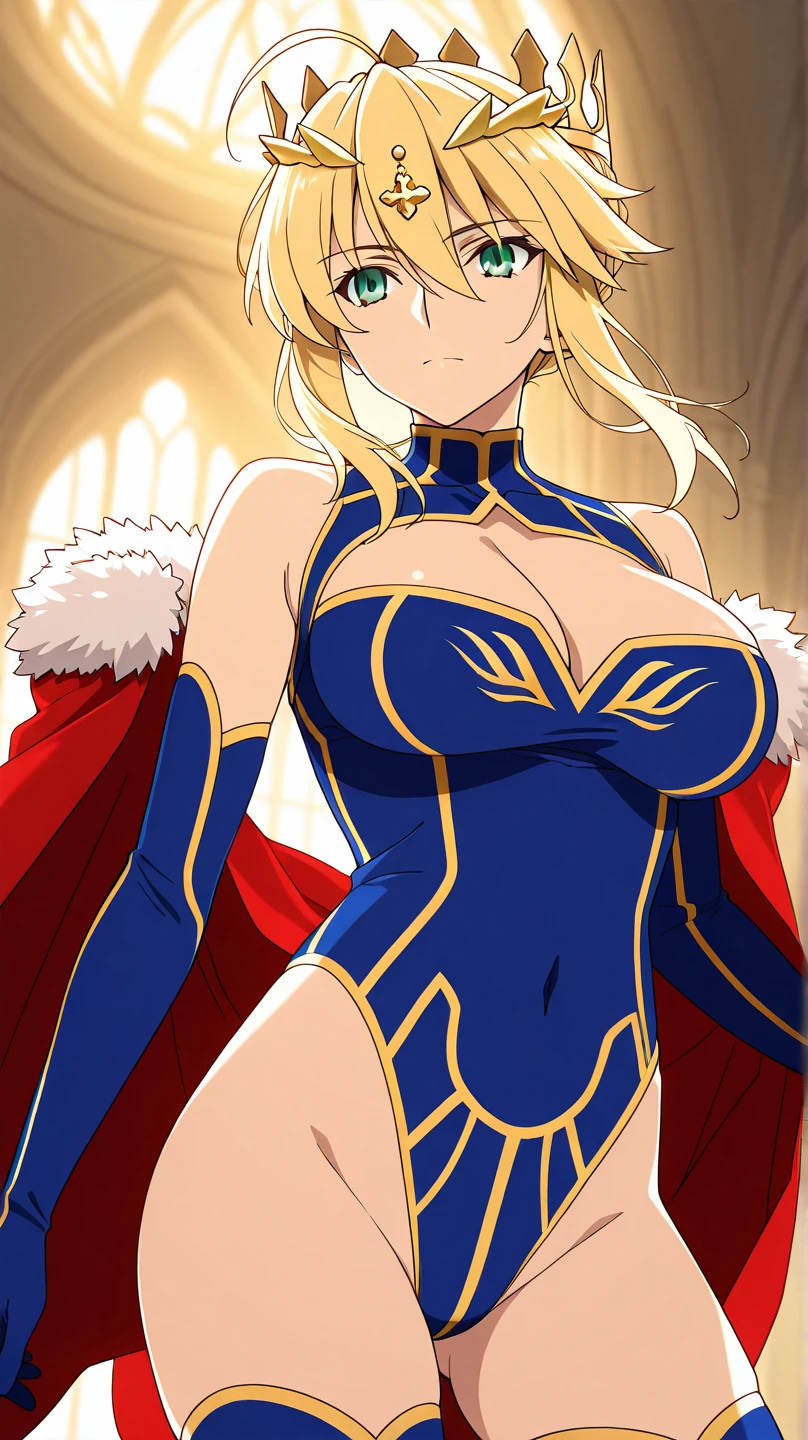 (Original: 1.2), (SFW), Masterpiece, Realistic, beste-Qualit, beautiful clean face, a 1girl, (blonde hair, big breastes, Slim, wide thighs), stands, Posing, Lancer Artoria, ((Blue, Golden leotard, (red cape with white fur)), golden crown, Erotica, luna, night time, Simple background
