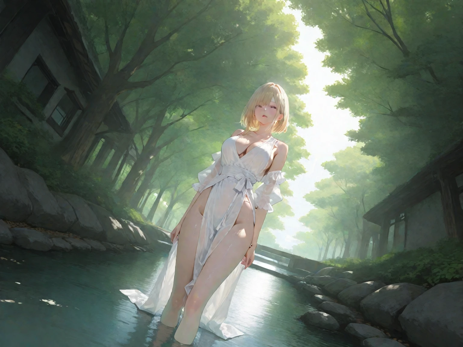 female,Round Face,Solitary,sports,Relax,blond,elegant,whole body,Chinese element pattern,(Open your legs),(((Exposing thighs))),full,Transparent hollow deep V camisole top,((White skirt)),stocking,leggings,(Brushstrokes,Impressionism,painting,Rich scenery),Disheveled,Chest contour,(((Wet clothing))),(((Ultra-thin clothing))),((Flesh outline)),Grinning