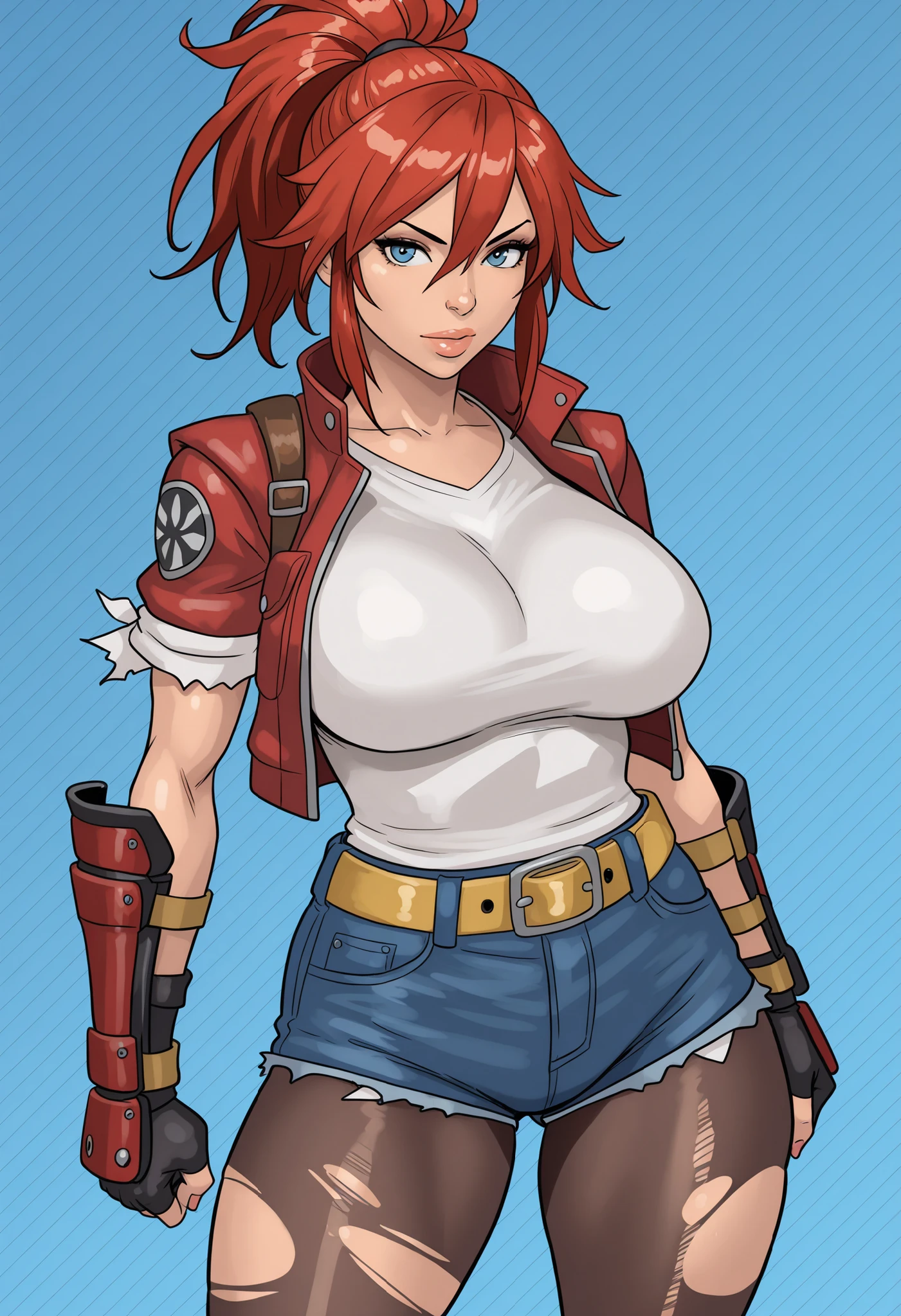 super busty women wearing jean shorts and a red tank top