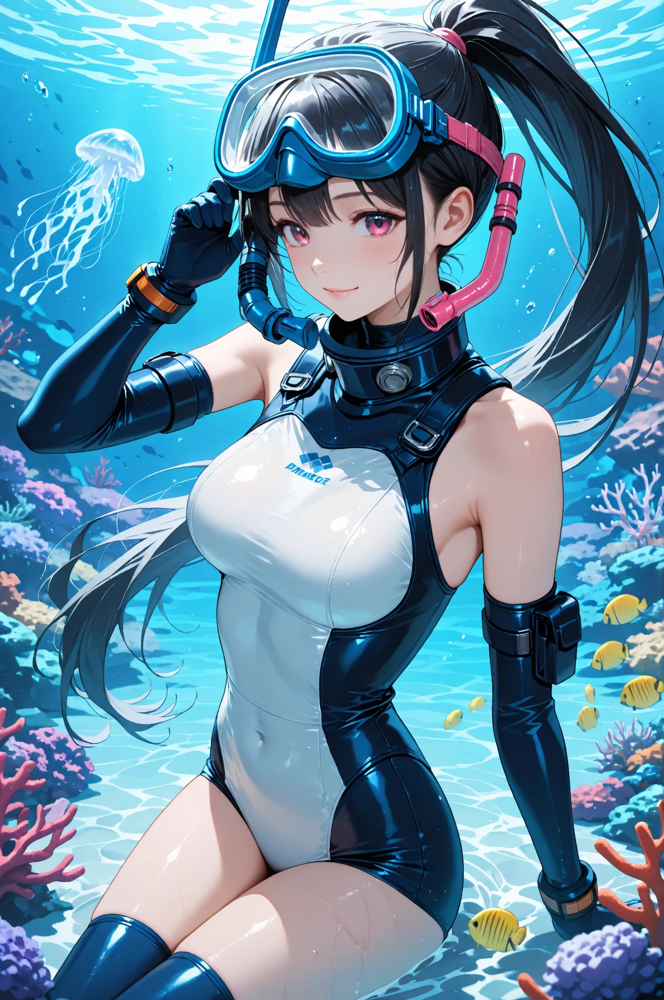 ((scuba diving))、((Highest quality))、((masterpiece))、(detailed)、((Anatomically correct))、(High resolution、8k)、cowboy shot、(Beautiful Skin:1.1)、One woman、Look at me、(Beautiful eyes:1.2)、smile、Open your mouth wide、Blue transparent sea、Sea、Dynamic composition