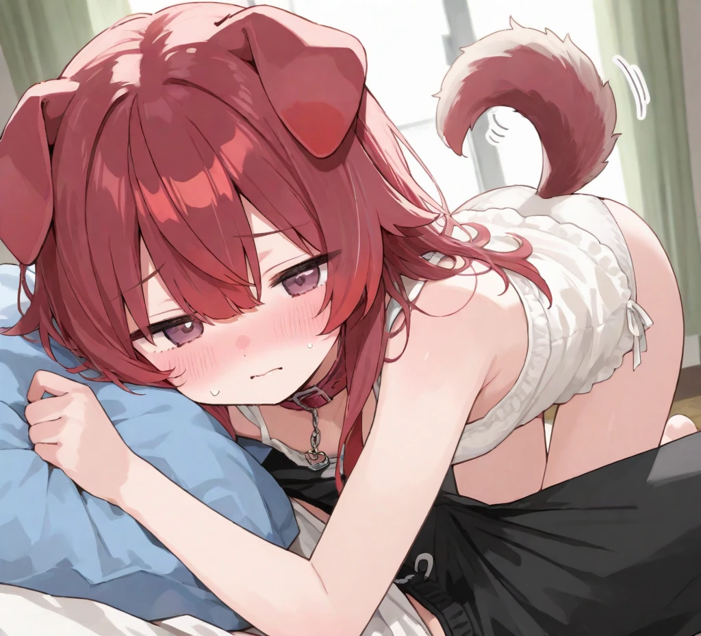 （masterpiece：1.2，high quality），8K，High resolution，A seven-year-old girl，cute girl，Hinata Hoshino，Orange red hair，short hair，Unilateral side ponytail，cat ears，（light red eyes，heart-shaped pupils），clenched teeth，tears，heart ahoge，lying on the bed，White shirt，Blue and white striped panties，white stockings：1.6，Primary school students，thigh，alone，((Hand in own pantie，hand in panties，One hand in the panties))