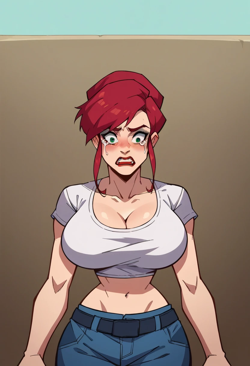 8k,masterpiece, bset quality,big, (1 girl), Kim Possible, green_eyes, orange hair, long hair, professional lighting, (shiny skin: 1.2), shiny big, ((best quality)), sharp focus: 1.2, highly detailed face and skin texture, detailed eyes, perfect face, perfect body, blur art, cg, background, Big breasts, presence (20yo, mature cool and beautiful face), wearing ((blue skirt), white taut shirt, thilush, (mittgal), random pose, top view, perfect eye, angry face