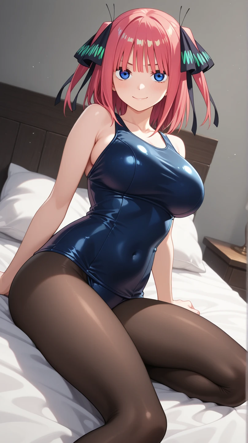 best quality, masterpiece, high quality, insanely detailed, miku nakano, one-piece swimsuit, breasts, pantyhose, blush, smile, bed room, nipple