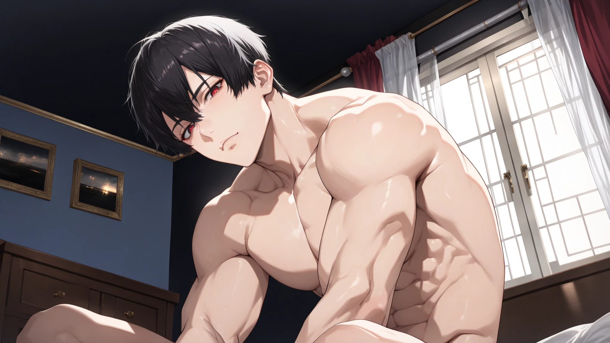 A man who feels good with nipples,blush,A face that looks comfortable,Completely naked,spread legs,Both hands pinch the nipples,muscular,huge erect penis,masturbate,masturbation,masturbation