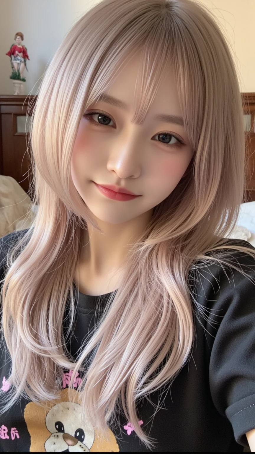 (Medium chest)、Sexy cute looks and cute 15 year old beautiful girl, Beautiful and sexy face、The strong wind blows the hair in front of my face、((Beautiful blonde with cute long straight hair)), Sexy eyes hidden behind long bangs,slightly dark skin, height: 156cm,troubled eyes,((slightly droopy eyes)),(((whole body))),((Simple black shorts, Pale pink  is visible)),(on the bed in the bedroom),(((She  to seduce me.)))