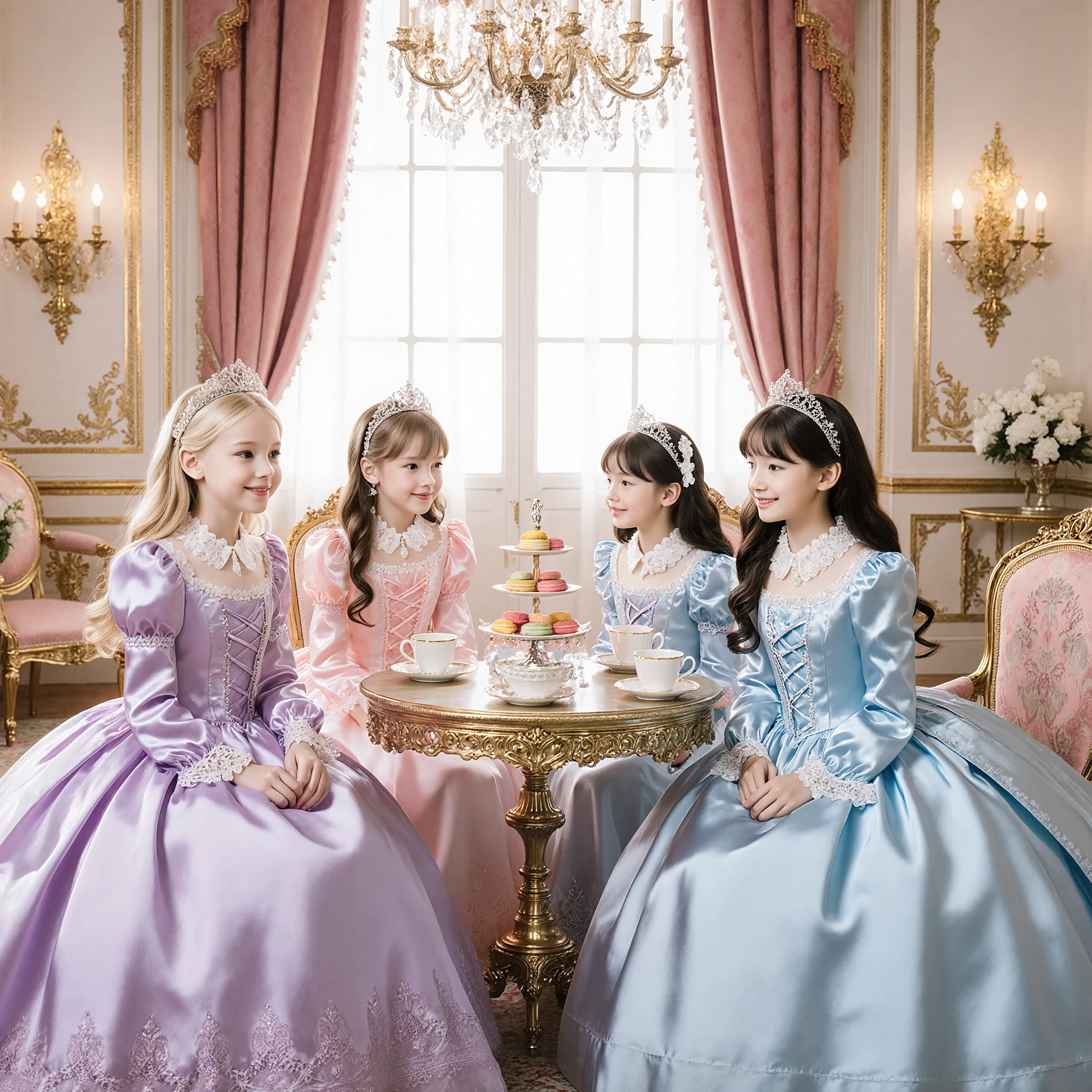 Lavish Palace Tea Room, Four Beautiful little Princesses, 14 years old,little girls,smile,Elegant Moments of Afternoon Tea, High End Fashion Photo Finish The Princesses in Delicate Lace and Silk Dresses:
- Princess in a Light Purple Dress: Elegant Blonde Hair, Pearl Tiara
- Princess in a Pink Dress: brown curly hair, Diamond Hair Ornament
- Princess in a Light Blue Dress: half up black hair, - Princess in a yellow Dress: brown curly hair, Diamond Hair Ornament ,Crystal Crown Antique Luxury Tea Set:
- pure white fine bone china
- Delicate gold-colored teacups
- silver teapot
- 3 tier cake stand
- Coloured Macarons, Scones, Petite Cakes Elegant Home Decor:
- Crystal Chandeliers
- White walls with gold leaf decorations
- French rococo furniture
- Soft natural light from large windows
- silk drapes
- Persian carpet cinematic light production:
- Natural Light from the Window
- soft sidelights,Elegant bokeh
- An elegant afternoon atmosphere
- soft focus effect in this prompt、Sophisticated Atmosphere Like a Fashion Magazine Shoot、Expressing the princesses' glamor。Enjoying Natural Conversation and、I value the harmony of luxurious spaces。