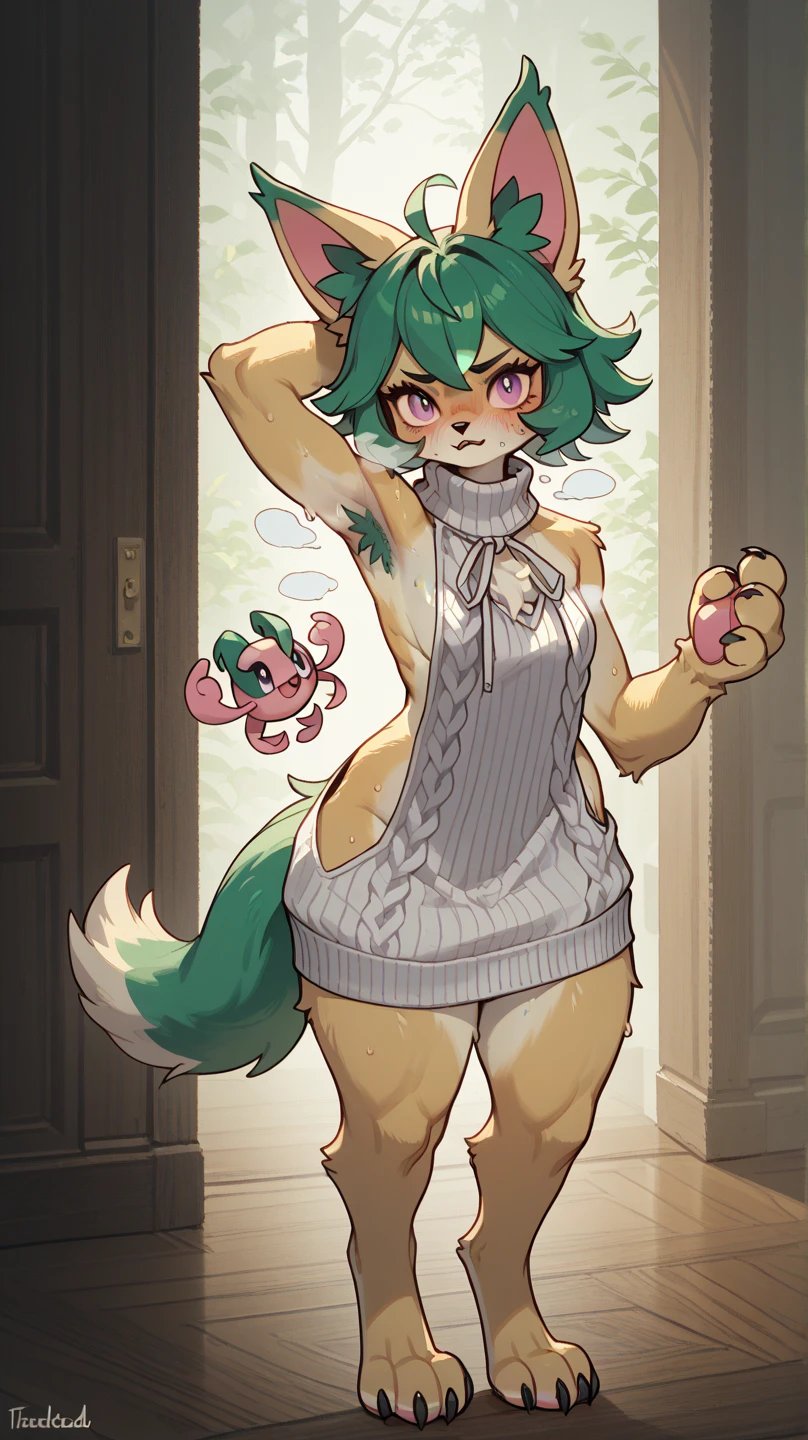 ((Best quality)), ((masterpiece)), (detailed), furry, white fur, ultra cute face, red elements on fur, glowing t-shirt, beautiful lights and shadows, ambient light, ultra detailed fur, volumetric light, Fishnet stockings, v6 naked, very horny look,
