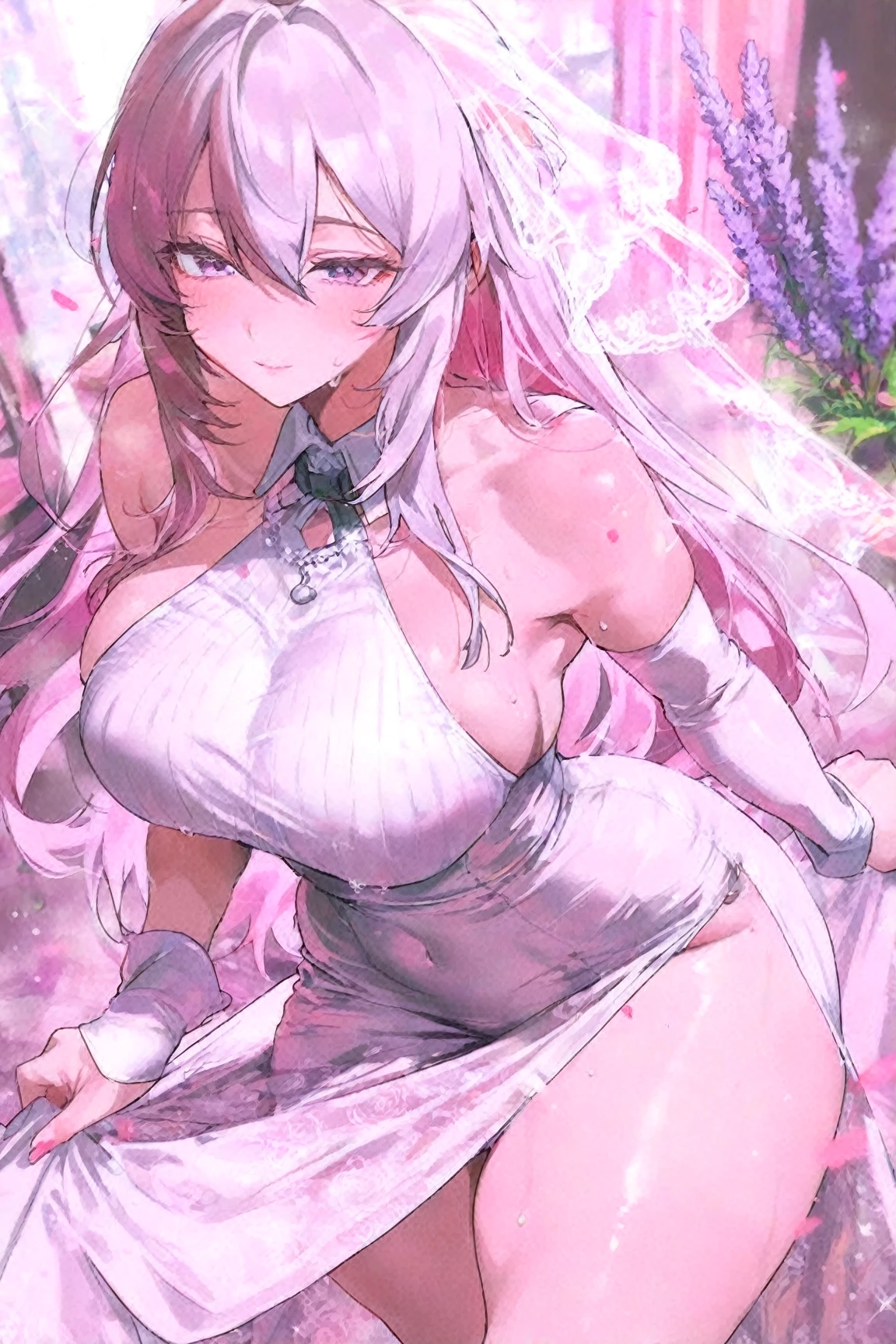 (wedding photo:1.1, in white garden:1.5), Masterpiece, best quality, (very detailed CG unity 8k wallpaper), (best quality), High definition RAW color art, Animation,sculptures, (pink Marble Skin), (((Ultra detailed elegant))), Magical atmosphere, Detailed skin, Texture,(Intricately detailed, Fine detail, ultra-detail art), depth of fields, bokeh, Silky Touch, Hyper Detail, beautiful eyes, Elegant Face, (posing on marble floor), sparkle background, enormous breast:1.3, witchcraft outfit, (silver hair), pastel purple, abs, muscle, smiley, wide open udder