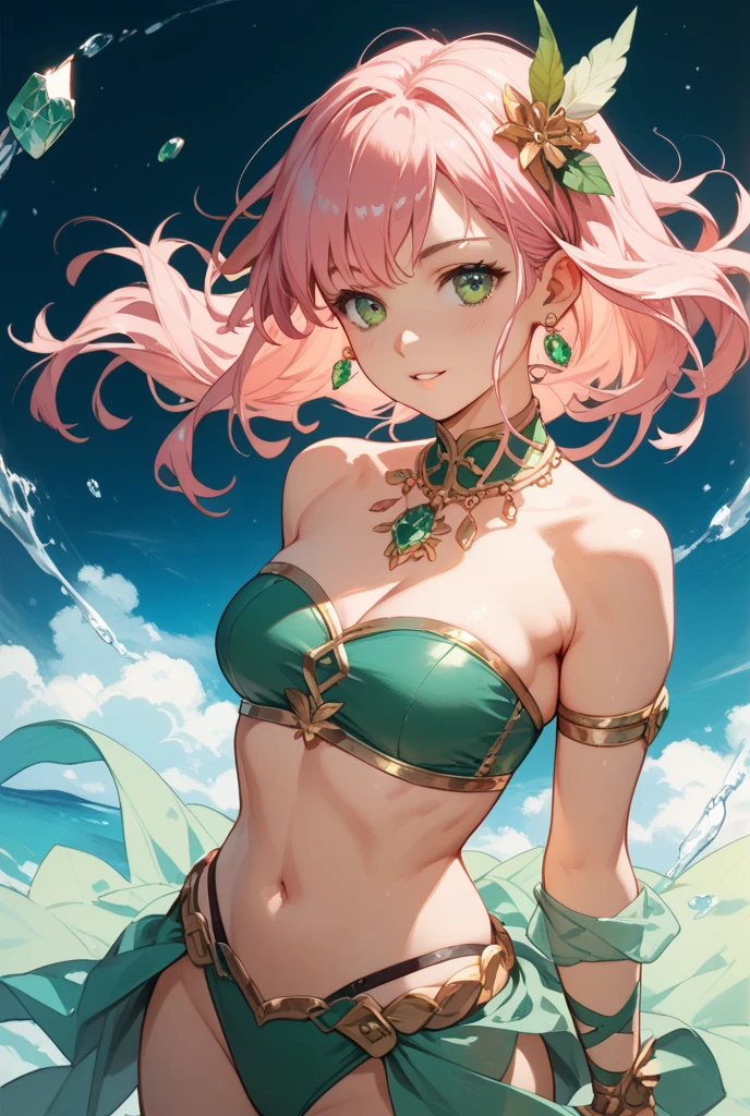 (extremely detailed CG unit 8k wallpaper, masterpiece, best quality, ultra detailed), child, pink hair, long hair, green eyes, Beach clothes, sun shining, shiny skin, sun flash, cleavage, small --auto --s2