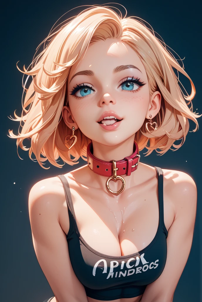 Amazing portrait of a sexy women with short blonde hair in a bob style gazing at us seductively with her bright blue eyes and blushing intensely with her perfect pink lips parted wearing a strapless leopard-print crop top showcasing her bare shoulders, her medium chest with cleavage and her midriff and pairing it with a brown short shorts showcasing her thin waist, her wide hips, her thick thighs and her long legs