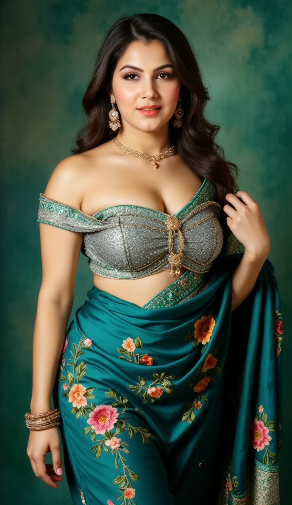 Create an 8k, best quality, high regulation, masterpiece image in UHD resolution with sharp focus featuring a beautiful Indian village woman with a plus-size body and a plump face, resembling Bollywood actress Aishwarya Rai. The woman should have a gorgeous, beautiful look with smooth, spotless white skin, black wavy and thick hair styled in a curly hairstyle with bright brown highlights. She should have a large, round chest with a bulging chest and deep cleavage, with focus on the chest, including the chest nipple, all extremely detailed in full-body. The woman should be standing upright in a confident pose, looking at the viewer with a big smile, open mouth showing white teeth, and beautiful lips with glossy red lipstick. She should be wearing a green silk sari with gold embroidery, paired with a bold blouse with a deep neckline and backless design, tied open at the waist with neat, raised pleats, and the pallu draped over one shoulder. Her eyes should be large, wide open, and have great detail, with light blue-colored irises, long and thick eyelashes, and well-shaped eyebrows. The background should be a village scene with a home, flowers, colorful elements, daylight, sunlight, and a light blur, all in high quality. Ensure the image is very realistic and not artificial, with no extra body parts visible.