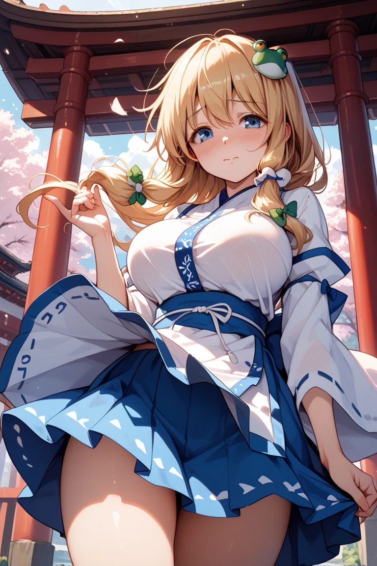 hoshiguma yuugi,1girl,single horn, pointy ears, blonde hair, long hair,yellow eyes,s ,white shirt,skirt,, muscle girl, huge breast,walking, single horn, long skirt, flip flops, sharpteeth, smile, tomboy,very long skirt, blue and red skirt, traditional germanic dress, red eyes, medieval city,full body