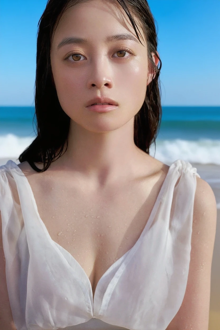 1girl, solo, looking at viewer, short hair, blue eyes, brown hair, black hair, collarbones, parted lips, water, lips, white sweater, sunlight, bubbles, underwater, ((small bubbles)), red balloons, high quality, 8k, hyperrealistic, cinematic lighting, photorealistic, masterpiece, exquisite details, intricate details, vibrant colors, natural skin tones, beautiful portrait, elegant pose, translucent water, floating bubbles, striking atmosphere, dreamlike ambience