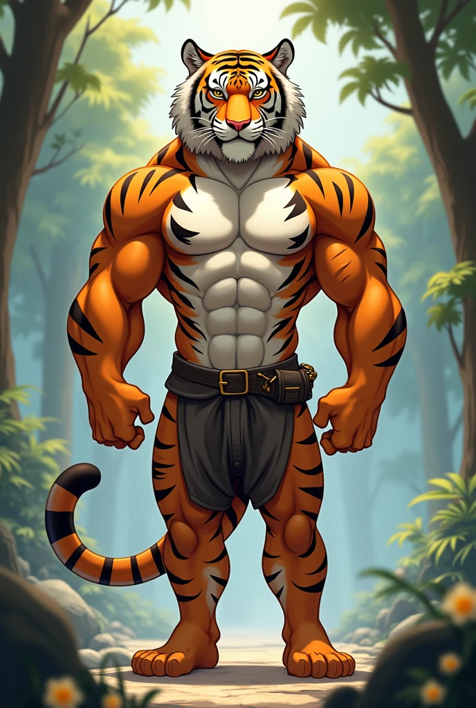 1boy, 1man, solo, (furry tiger), Park, extremely huge muscular, massive muscular , (topless, shirtless, shorts), 