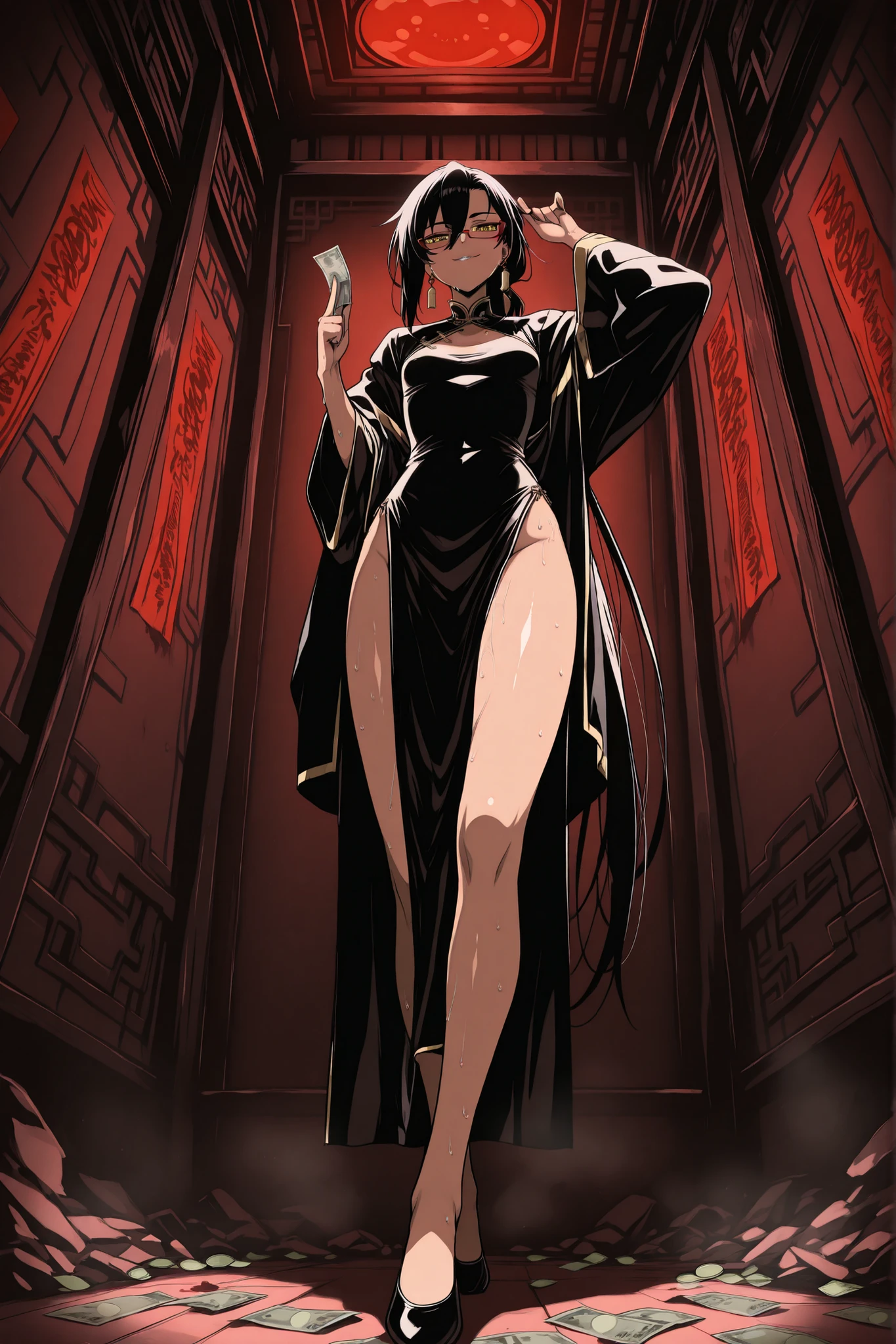 masterpiece, best quality, amazing quality, very aesthetic, foreshortening, 1 girl, mesugaki, taoist, wearing black and gold cheongsam, very long sleeves, opened clothes, have black hair, long bangs, low ponytail, extremely long ponytail, narrowed eyes, yellow eyes, glasses, red eyeshadow in corner of eyes, chinese style earrings, skinny, small breast,
BREAK, tanned skin, smiling, blushed, sweaty, exausted, saliva,
BREAK, NSFW, looking at viewer, shadowy, holding talismans in finger, standing by window, leaning back to a wall, touching ear, view from below,
BREAK, Chinese talismans scattered everywhere, money bills scattered everywhere, chinese style room, red lighting, dark theme, steam, cyberpunk.