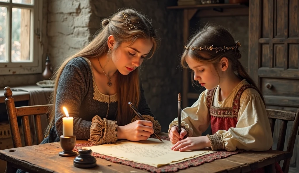 A beautiful adorable little Targaryen Princess with long curly platinum blonde hair, She's 5 years old,her face looks like Emilia Clarke, she's cute and smiling, she's wearing a royal cotton white Dress with net, she's studying with her Septa (A women wearing a Grey purdah with white string on waist) with a Historic book ,photorealistic 