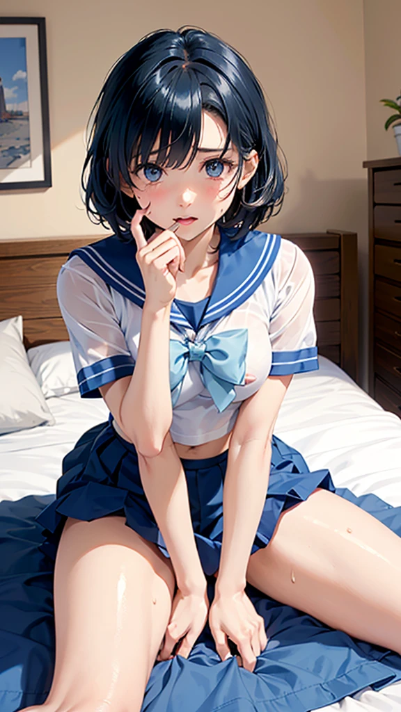 Very beautiful、1 girl、Small breasts、Big Mouth、high school girl、Small breasts、Short hair with a sense of transparency、hot pants、Childish clothes、最high quality, High resolution, Very detailed, Detailed Background, Perfect lighting、masterpiece、Best image quality、最high quality、girl , (cryin) , independent , Looking into the camera, masterpiece, Anime art style, Cute Characters, Most detailed, high quality、((cry)))、(missionary, 1boy, penis, lying, vaginale, ass pov, spread legs, Sex, nsfw)、nose blush、steam、Shiny Hair、Very fine and beautiful bright eyes、Very detailed, clear and beautiful face, Awards, Anatomically correct、((missionary position,man on top, spread legs))、((Scared))