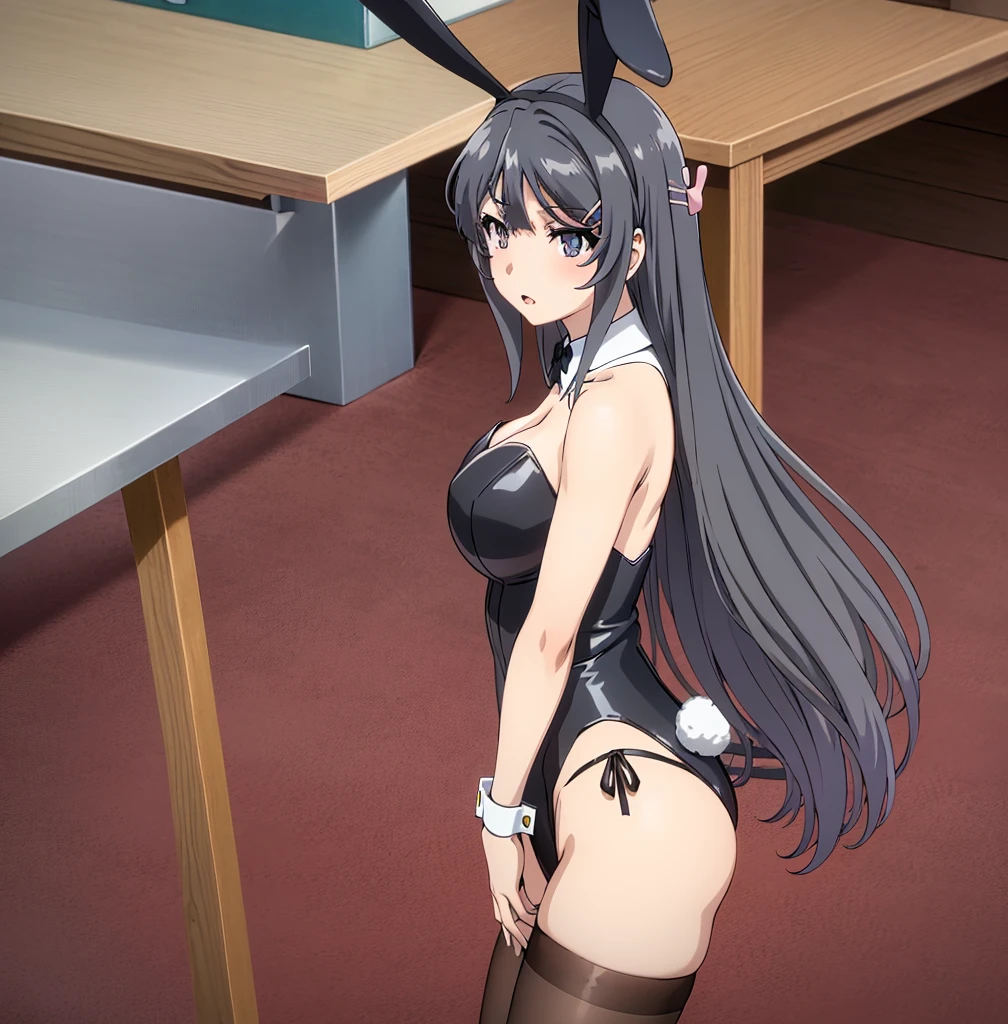 (red Playboy bunny outfit:1.4),(black headband:1.3),(black bunny ears)(black pantyhose:1.2),(jewelry:1.1), (earrings:1.1),(white wristbands)(bare arms: 1.3),(choker), pink eyes, light brown hair, eyebrows_visible_through_hair, bangs, (1girl),(solo),miyako saitou, 20 years old, mature woman, beautiful finger, beautiful long legs, beautiful body, beautiful nose, beautiful character design, perfect eyes, perfect face, expressive eyes, perfect balance, dynamic posture, cowboy shot, hands on hips, looking at viewer, mouth closed, (innocente_grande_eyes:1.0), light_smile, Official art, extremely detailed CG unity 8k wallpaper, perfect lighting, colorful, Glowing_forehead_face_luzing, glowing skin, (masterpiece: 1.0), (best_quality: 1.0), ultra high resolution, 4k, ultra detailed, photography, 8k, HDR,(1girl),(only),standing, indoor, office, desk, shelves, window, sunset, film grain, sharp background, bokeh:1.2, lens flare, (vibrant_color:1.2 ), professional photography, (beautiful, big_breasts: 1.4), (beautiful_face: 1.5), (narrow_waist), (wide_hips), (wide_thighs), (round_butts), looking back, from behind, ((focus on ass)), point of view ( from below), perfect anatomy, perfect hands