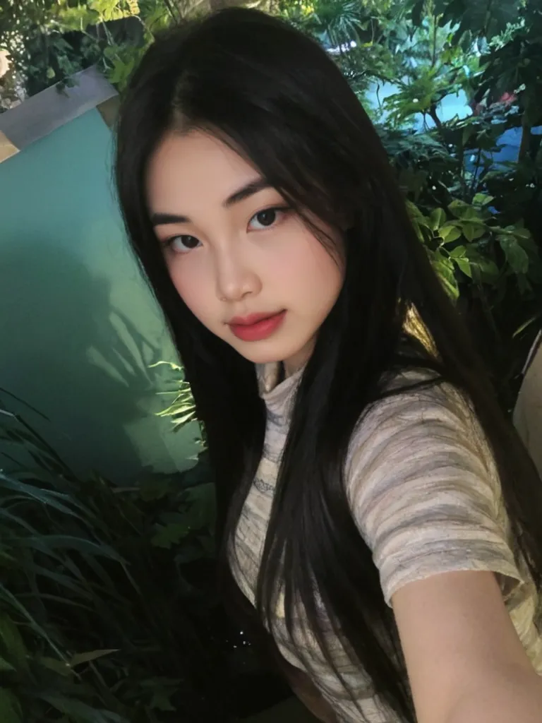 A girl with black long hair, darkest brown round eyes, wears a douyin-style makeup and is in a heart pose while at a park during midnight. It gives a youthful vibes