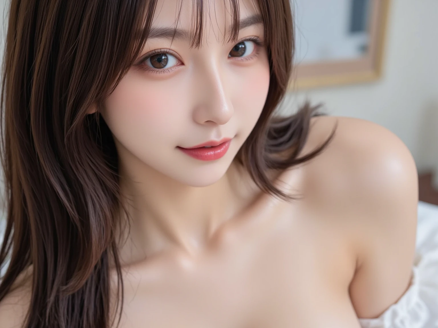 (masterpiece:1.3), high resolution, ultra detailed, extremely detailed CG unity 8k wallpaper, realistic, photo-realistic, RAW photo, beautiful detailed face, pale skin, realistic glistening skin, detailed cloth texture, detailed hair texture, Perfect body, Beautiful Face, accurate, Anatomically correct, Highly detailed face and skin texture, natural neck length, (beautiful hands), (fair skin:1.1), (well-aligned teeth:1.1), (Sweaty skin:1.2),
BREAK,
Detailed eyes, symmetric eyes, Light Brown eyes, Double eyelids, Thin eyebrows, (Glossy lips:1.4), ((A face with waiting for a kiss:1.2)), (blush:1.1), (beautiful smile:1.1),
BREAK,
(A classy and Cute mature woman:1.3), (40 years old:1.4), (nude, nsfw, very erotic nipple:1.4),
BREAK,
medium large breasts, slender figure, firm abs,
((half updo, black hair, bangs:1.2)), (cowboy shot:1.2), (looking at viewer), cowboy shot, (From front:1.5),
BREAK,
(((cooking at kitchen:1.3))),