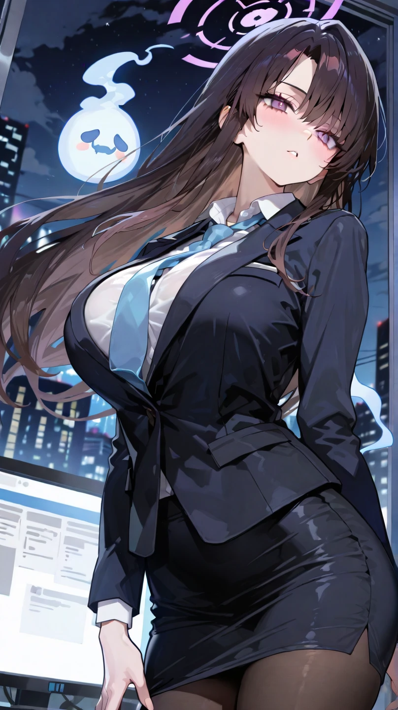 ((highest quality, 8k, masterpiece: 1.3)), Whole body, Sharp focus: 1.2, A stunning woman with a perfect figure: 1.4, Slim abs: 1.2, (Dark brown hair, Big breasts: 1.2), Body dress: 1.1, (Night city view, Modern balcony: 1.1), Highly detailed face and skin texture, Fine grain, double eyelid, Small bust, OL Uniform, office wear, Exposed cleavage, (Black Pantyhose), (No pants), Indoor scene, office, Nipples covered by the sheer fabric, casting