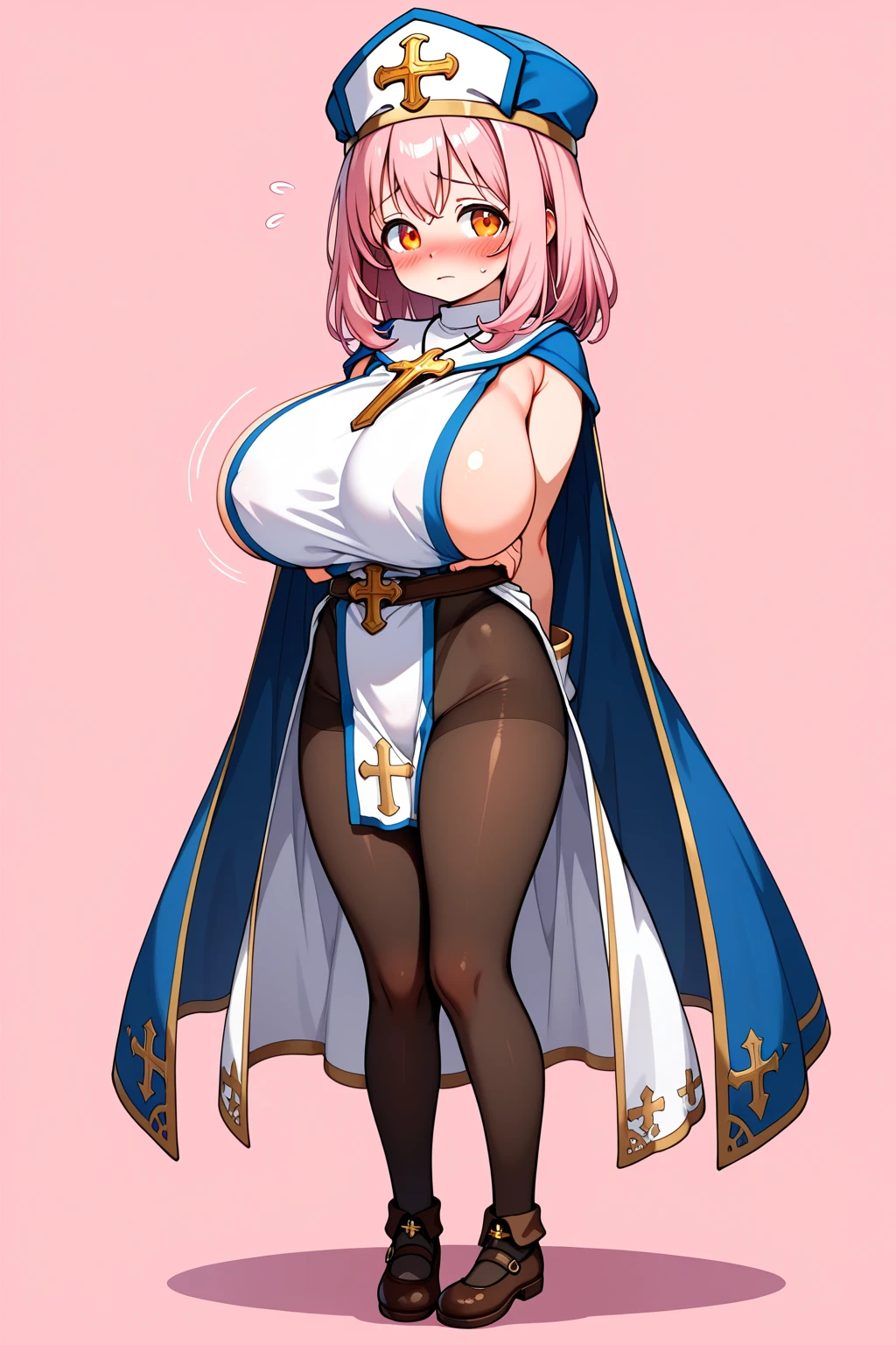 (One girl)、medium length hair、(sidelock)、((Blonde))、(slan eyes)、（boyish）、cute、(Big super breasts)、((Chubby))、、(Priest)、(Futanari)、pink leotard、White sleeveless、thigh-high socks thighhighs、(long gloves)、hairs between eyes、(coarse hair)、[flipped hair]、pink eye、say、(Erotic squatting)、 two side up、White Background、