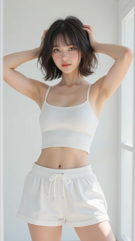 See-through tops、Big Breasts、camisole、Waistline、Abdominal muscles、Silky Hair、(背景にWhite wall、Some of her hair is yellow:1.4)、White wall、In front of a white door、(窓のあるWhite wallの部屋)、((Highest quality、8k、masterpiece:1.3))、Ultra-high resolution、(photoGenuineistic:1.4)、RAW Photos、Japanese,(detailed aspects)、Genuine、Photographed in natural light、Highly detailed face and skin texture、Highly detailed lips、The correct state of the human body、Medium Hair、Black Hair、Various poses、Natural color lip