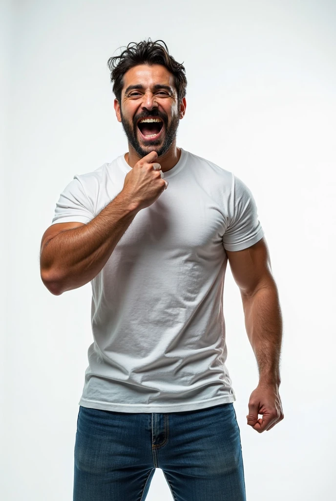 realistic photo: a IRANIAN 30-years old male wearing white button up shirt and tight blue pants, he’s squatting down with both hands behind his head, showing off sweaty armpits, big bulge, sweaty, slight smile. He’s squattingdown