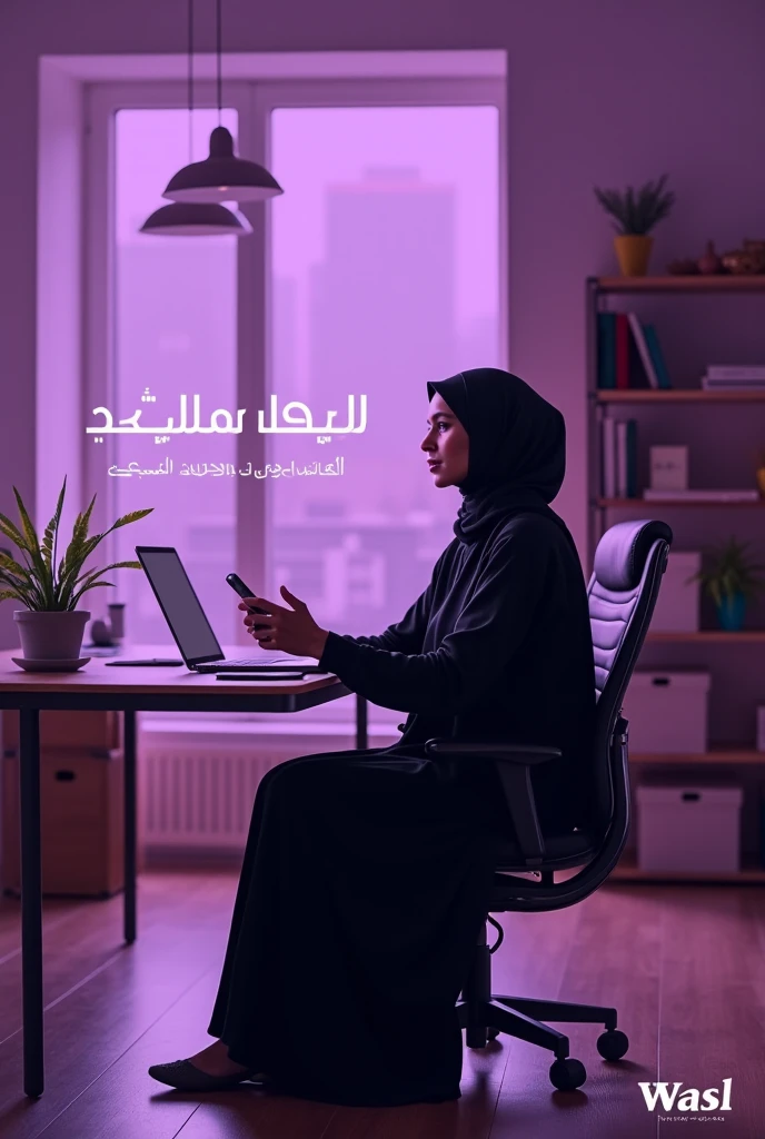 An Islamic women sitting in gaming chair wearing islamic dress and face face is my side eye contact with me and front Audience in front table leptop and Mobile stand  "miraib Styles" Yellow neown lighting room background in gray wall writing "Miraib Styles" White colour Yellow neown glow