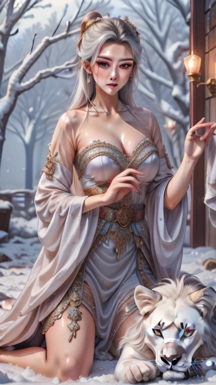 woman,1female,((milf,mom,mature,mature woman,45 years old female,adult)),(large breasts:1.5),saggy breasts,(((white hair:1.4,straight hair,long hair:1.4,colored inner hair))),((yellow_eyes:1.3)),intricate eyes,beautiful detailed eyes,symmetrical eyes,((((dark skin:1.4,lustrous skin:1.5,bright skin: 1.5,skin tanned,shiny skin,very shiny skin,shiny body,illuminated skin)))),(spider lower abdomen,narrow waist,wide hip,bimbo body,inflated legs,thick thighs,delicate detailed fingers),(((detailed face))), cute,slutty,sensual,seductive look,seductive,((erotic)),opulent,sumptuous,longingly,((nsfw)), queen,goddess,fantasy,(beautiful winter silver clothes,silver silk),((strapless green dress,very long green skirt,green dress)),(silver clothes),(((ice jewelry,intricate necklace,christmas jewelry,detailed outfit))),cleavage,silver silk,((eyeshadow,elegant makeup,eyelid makeup,gold lips,gold lipstick)),((Transparent cloth:1.1)), (((Sexy white fur cloak, white fur cloak outfit, wearing a white fur cloak:1.3,winter white cloak))),green gloves,(((intricate outfit,intricate clothes,embroidered outfit,ornate outfit,embroidered clothes,ornate clothes))), (dynamic pose:1.0),embarrassed,(centered,scale to fit dimensions,Rule of thirds), ((snowy pine forest)),winter,scenery:1.25,((intricate scenery)),((snow forest background)), (Glossy winter ornaments),highres,sharp focus,(ultra detailed,extremely detailed),(photorealistic artwork:1.37),(extremely detailed CG unity 8k wallpaper),(((vibrant colors,vibrant theme))),(intricate),(masterpiece),(best quality),artistic photography,(photography taken by sldr),(intricate background),perfect rendered face,perfect face details,realistic face,photo realistic,analog style,((intricate detail)),(((realism))),detailed face, detailed hands, detailed eyes