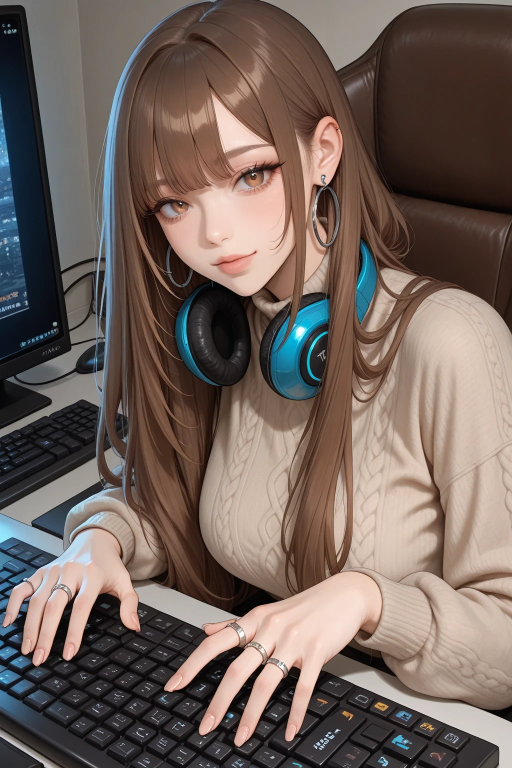 Woman, Brown Hair, messy hair, blue eyes, large breasts, dolphin shorts, tank top, (Sitting in desk chair leaning forward onto desk), Sleeping on desk, Computer on, Dark Bedroom, Night time, Lights turned off, headphones on head, (Bunny Ear Headphones), ((Looking up at viewer)), Smiling, hanging, sideboob