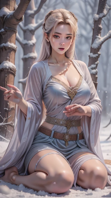1 girl, white hair, white skin, in the dsrk snow forest, blue eyes, necklace, earings, perfect body, nfsw, nude.