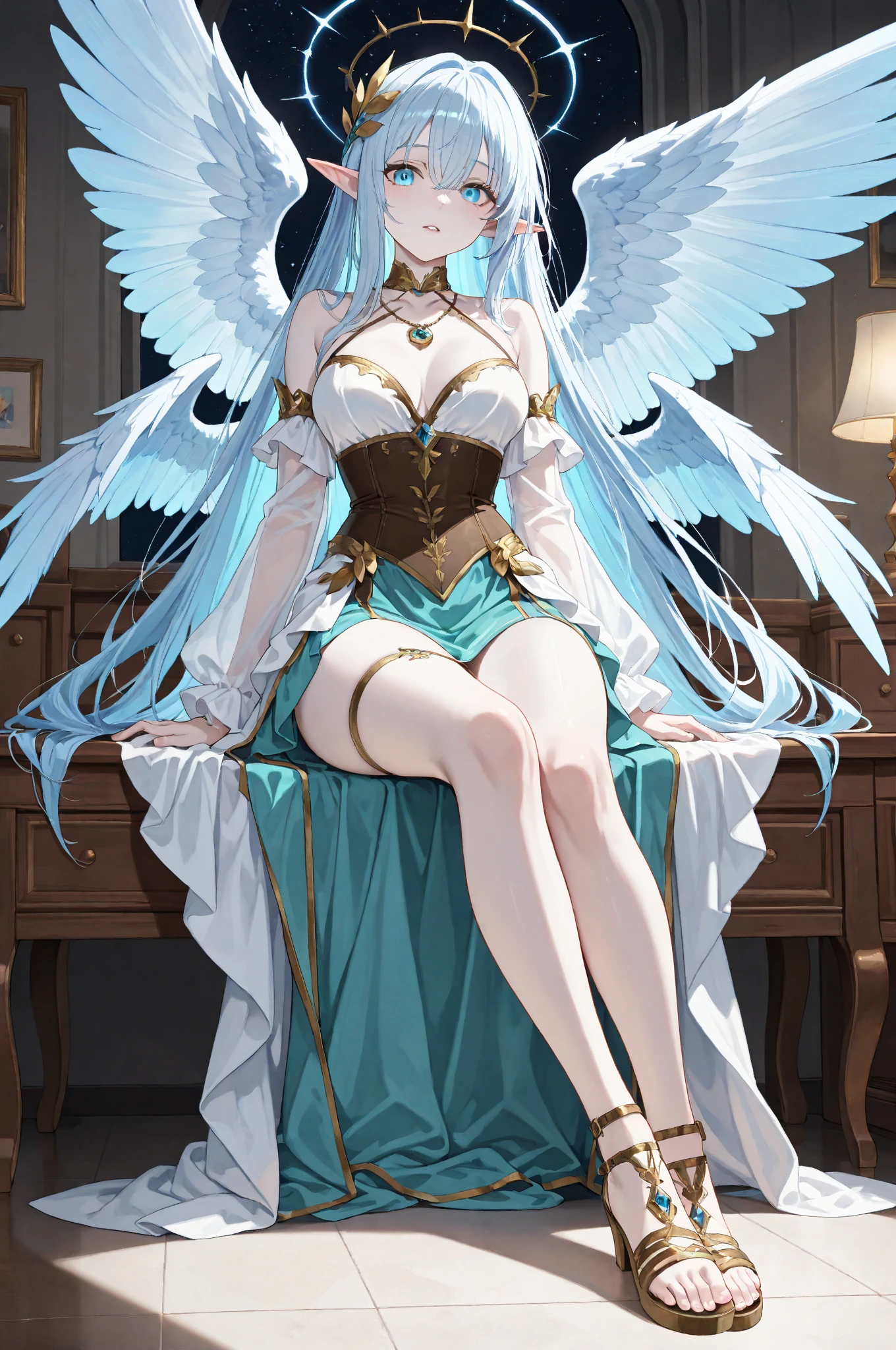 giant girl 50,000 feet high，Weight 1000kg，Has a pair of long legs，Open your eyes wide，Has a pair of huge white angel wings，With huge devil horns on his head，crown on head，Elf wearing white earrings，She has long white hair that reaches her feet，loose hair，White wavy long curly hair，Bangs，Wearing a pair of white boots，White lace gloves，White lace pantyhose，Pantyhose with bow and star decorations，白色蕾丝whole body，sitting on a tall building，Beautiful appearance，Exquisite makeup，quality，8k，高quality，Perfect proportion, Cinema lighting，film grain，Fuji colors，8k，textured skin，Super details，high detail，high resolution，fake smile，blood stains，脚底有blood stains，whole body，Obese，elf princess，feather，flowers