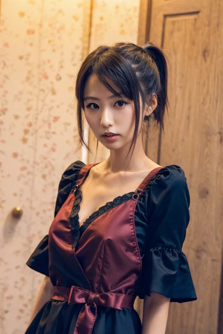 (realistic:1.3), finely detailed, quality, rembrandt lighting, (masterpiece:1.2), (photorealistic:1.2), (best quality), (detailed skin:1.3), (intricate details), dramatic, ray tracing, 1girl, japanese girl, 21 years old, detailed skin texture, (blush:0.5), (goosebumps:0.5), subsurface scattering, smiling, medium breasts, long hair curls, bangs, hair between eyes, ruched satin dress, billowing long sleeves, puffy sleeves, zettai ryouiki, cleavage cutout, cuffs, frills, lace, embroidery, floral print, cowboy shot, (night, tokyo, dark alleyway, footpath, neon lights, seedy bars), <lora:Outfit_LanternMockNeck:0.8>